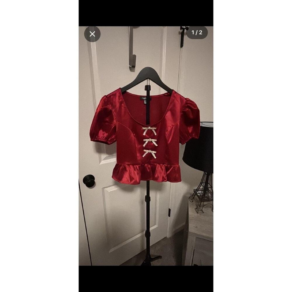 Crystal Sky Red Satin Rhinestone Bow Peplum Top Size S Puff Sleeve NWOT
